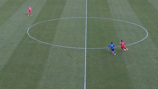 Kellyn Acosta pictured (right) moments before he scored from his own half for Chicago Fire against Montreal in March 2024